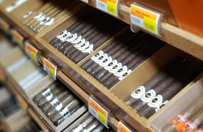 Premium hand-rolled cigars in the humidor